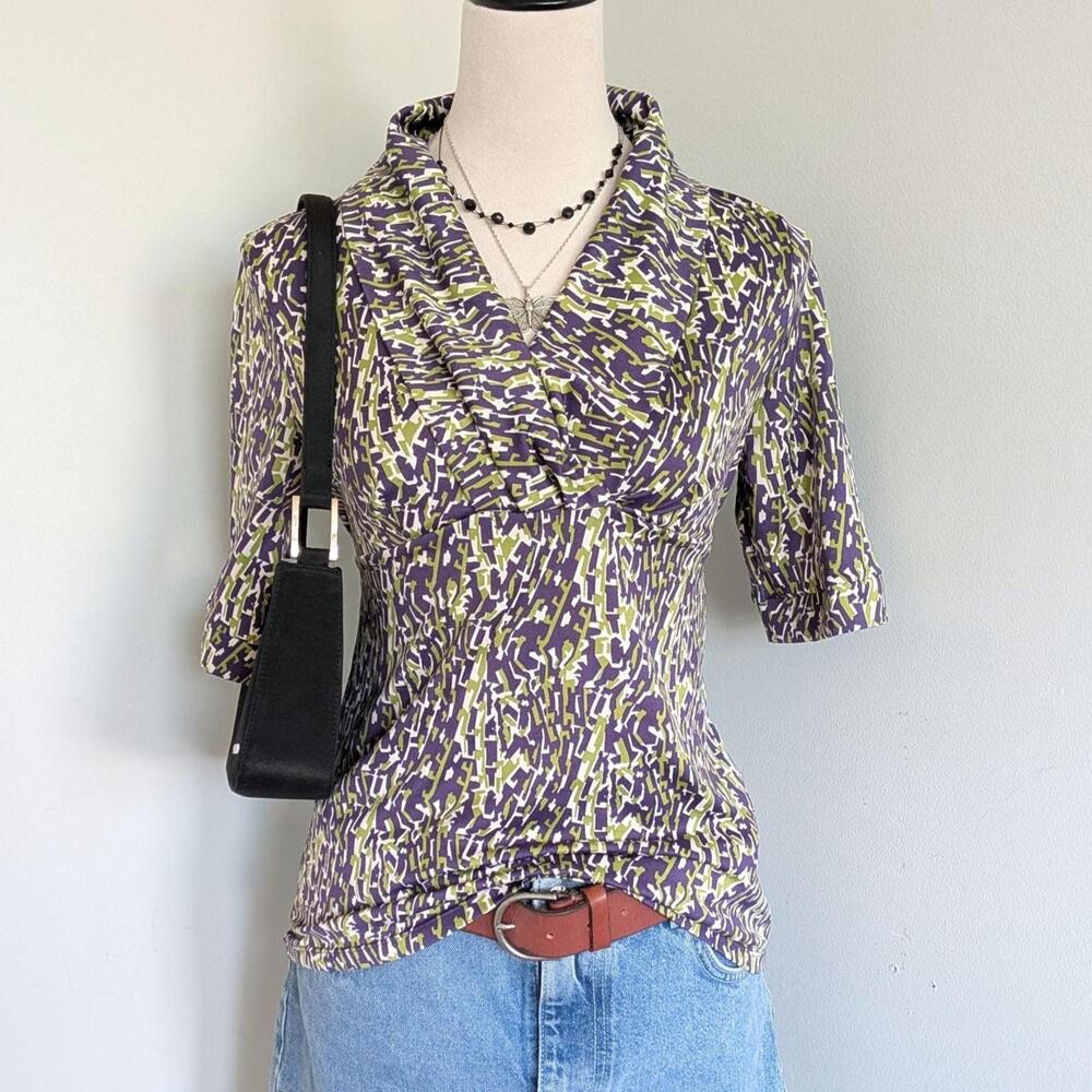 Vintage Y2K Abstract Wrap Top M B. Moss Purple Green Stretchy Indie Blouse